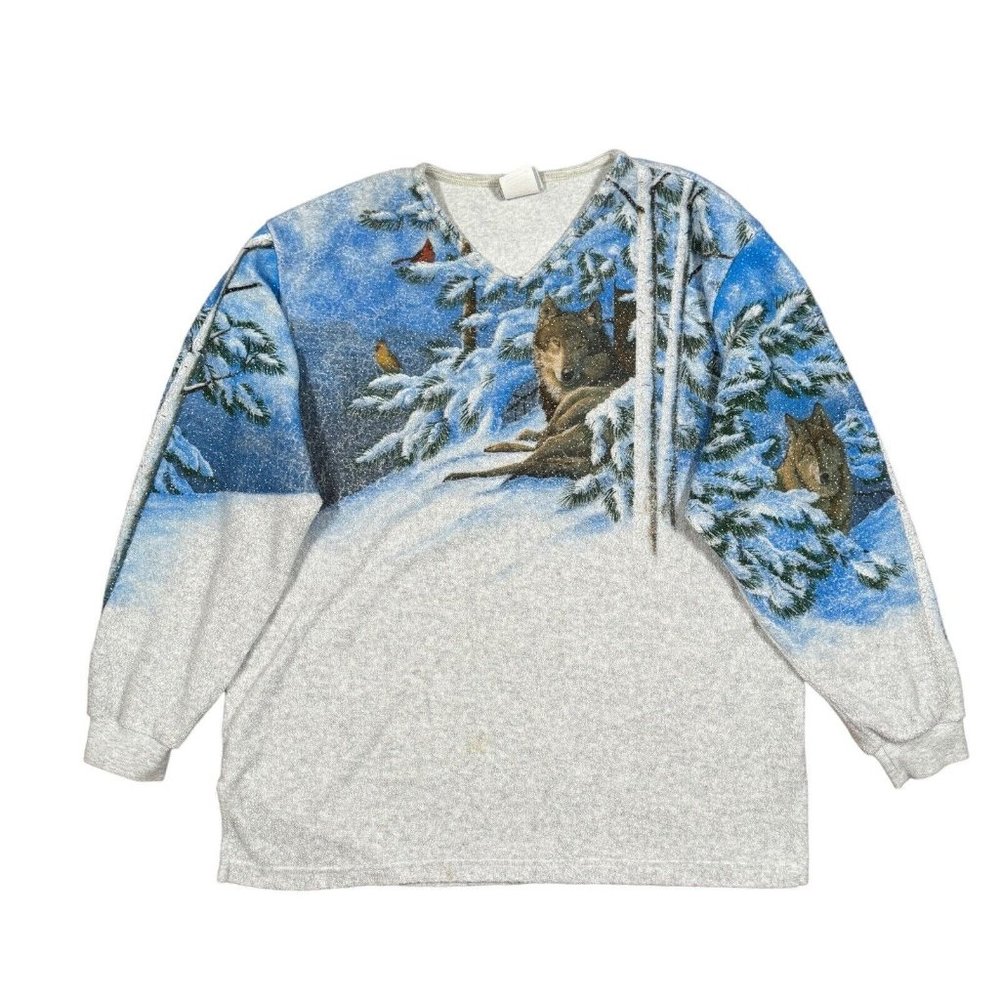 Vintage Wolf Wildlife Artisans Double Sided Sweatshirt Crewneck Sz L Made in USA